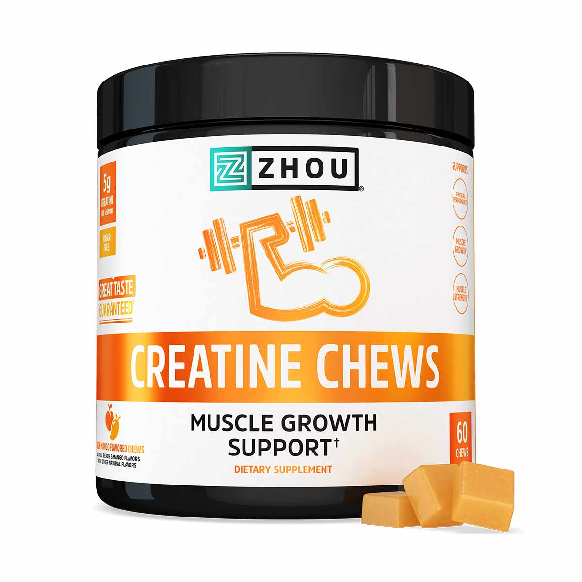 Zhou Nutrition creatine chews supplement container with black lid and orange label, with three yellow chew pieces displayed i