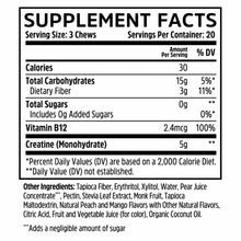Supplement facts label for creatine chews showing 5g creatine monohydrate per 3-chew serving with vitamin B12 and carbohydrat