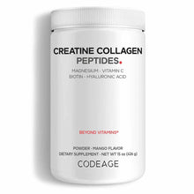 White plastic container of Codeage Creatine Collagen Peptides powder, mango flavor, 15 oz with white screw-top lid.