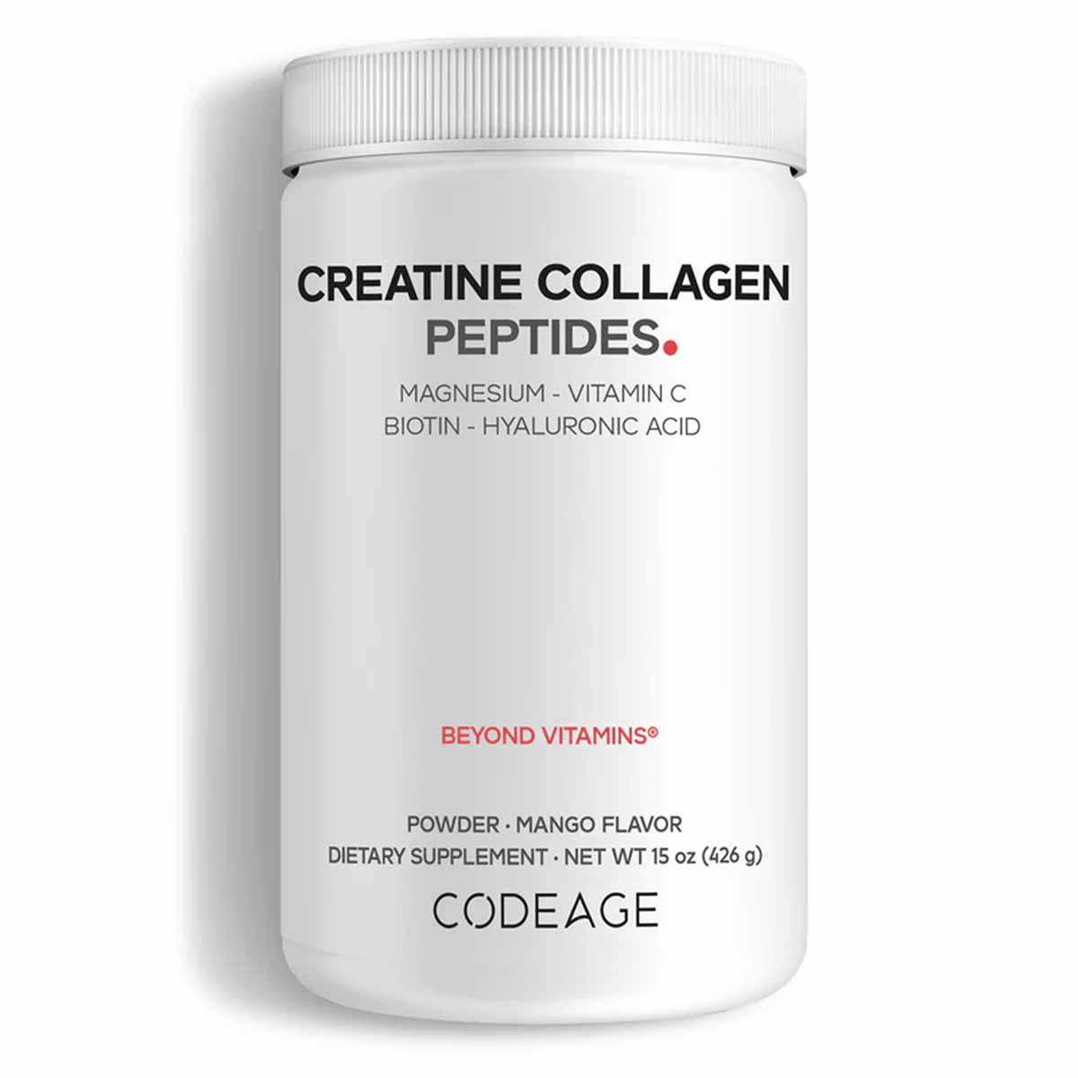 White plastic container of Codeage Creatine Collagen Peptides powder, mango flavor, 15 oz with white screw-top lid.