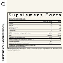 Supplement Facts label showing nutritional information for Creatine Collagen Peptides with serving size, ingredients, and dai