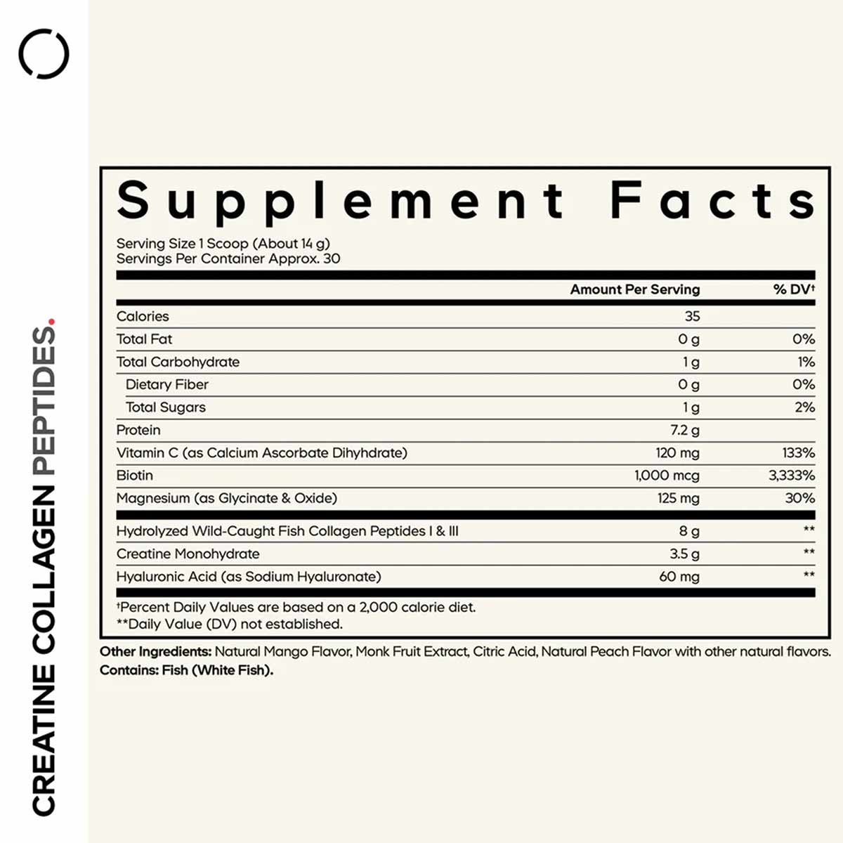 Supplement Facts label showing nutritional information for Creatine Collagen Peptides with serving size, ingredients, and dai