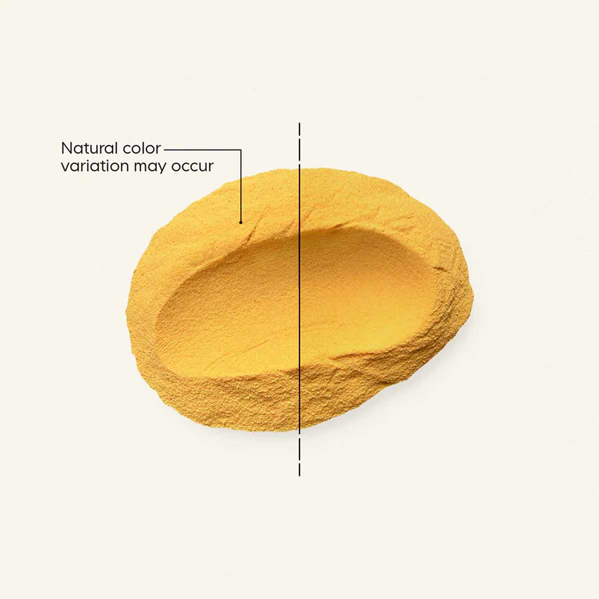 Golden-yellow powder with granular texture showing natural color variation, displayed as a loose pile against a neutral backg