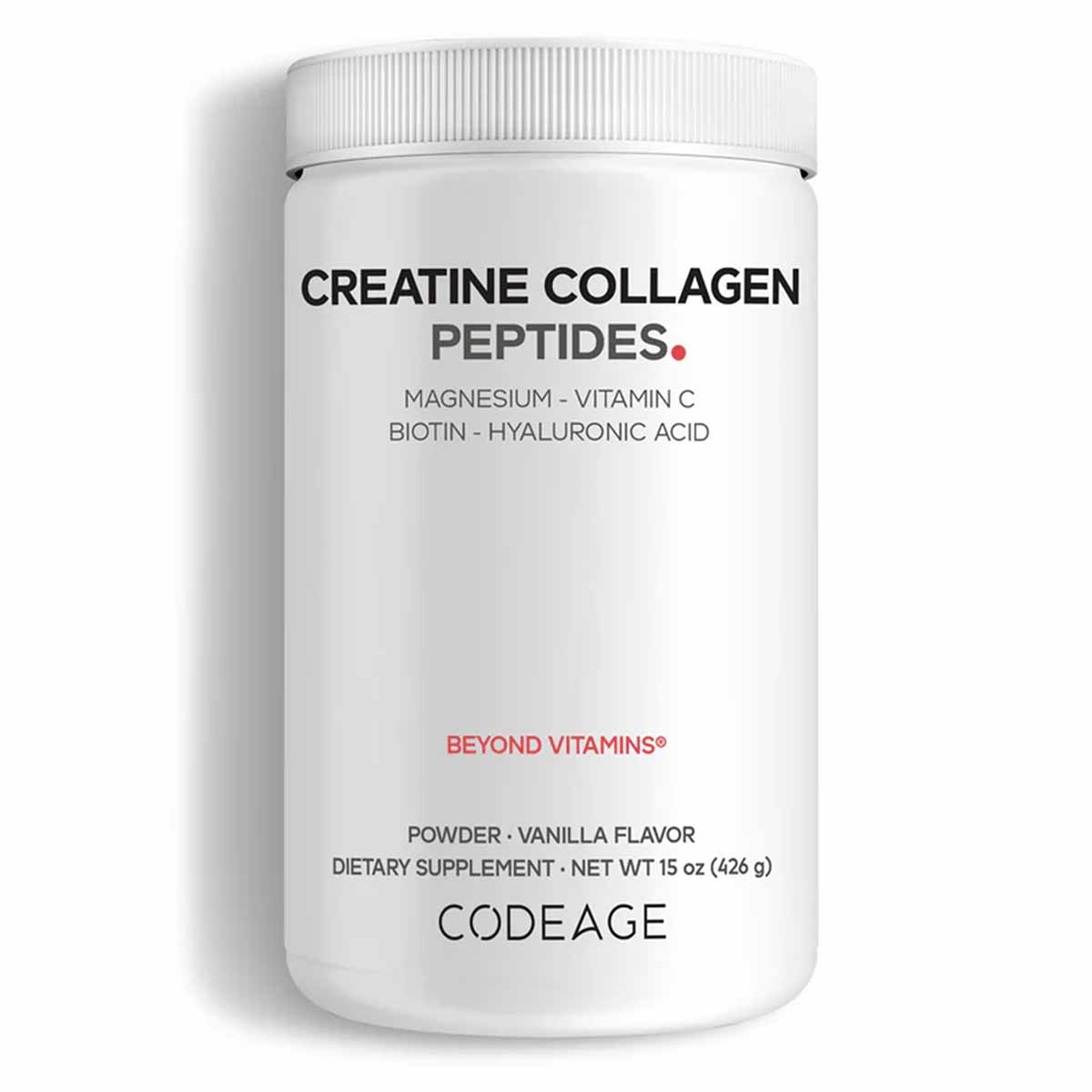 White container of Codeage Creatine Collagen Peptides powder in vanilla flavor, 15 oz.