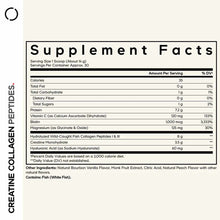 Supplement Facts label for Creatine Collagen Peptides showing serving size, nutritional information, and ingredients includin