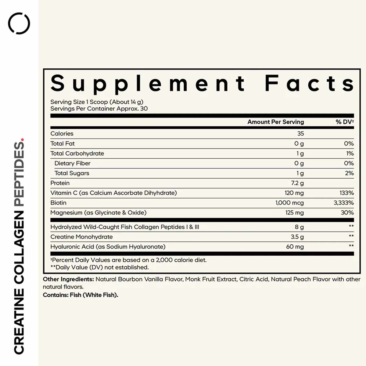 Supplement Facts label for Creatine Collagen Peptides showing serving size, nutritional information, and ingredients includin