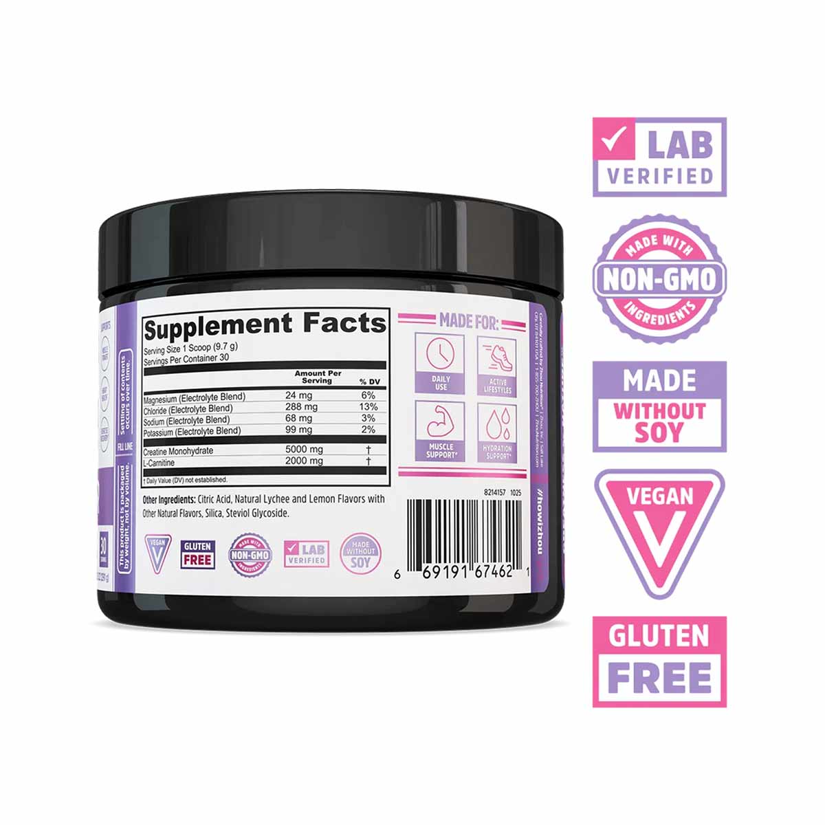 Black container with purple label showing supplement facts, ingredient list, and certification badges for lab verified, non-G