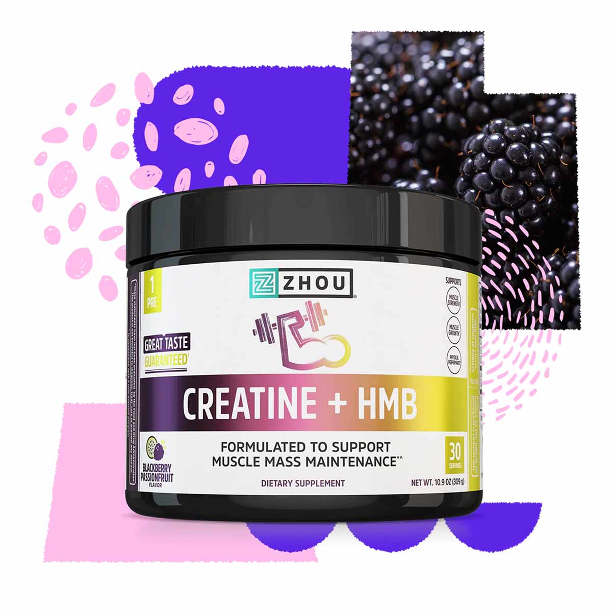 Zhou Nutrition Creatine + HMB powder in black container with yellow and purple label, 30 servings, blackberry flavor.