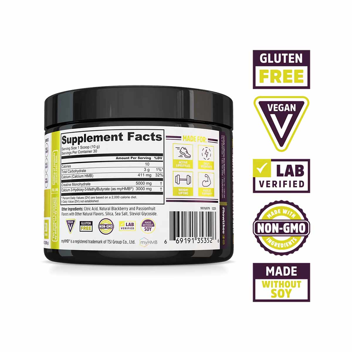 Black container of creatine and HMB powder with white supplement facts label and certification badges on side.