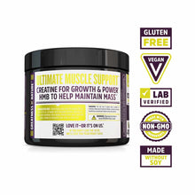 Black container of Zhou Nutrition creatine and HMB powder with yellow label and certification badges.