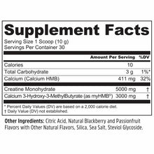 Supplement Facts label for Zhou Nutrition Creatine + HMB Powder showing serving size, nutritional information, and ingredient