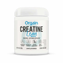 White container of Orgain Creatine Lean Muscle powder with blue text and benefit icons, 8.82 oz.