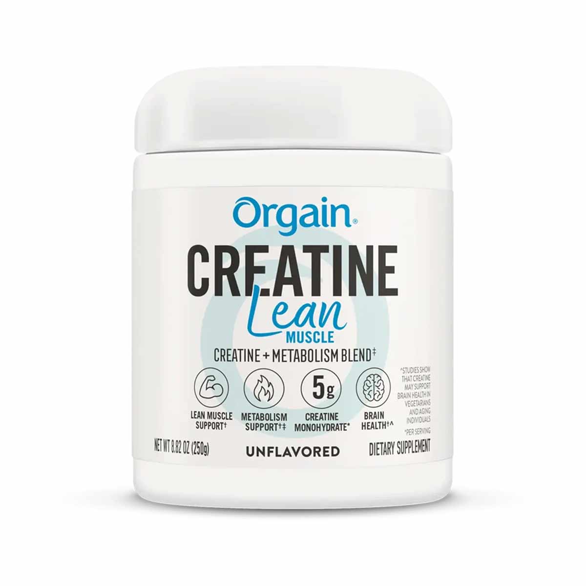 White container of Orgain Creatine Lean Muscle powder with blue text and benefit icons, 8.82 oz.