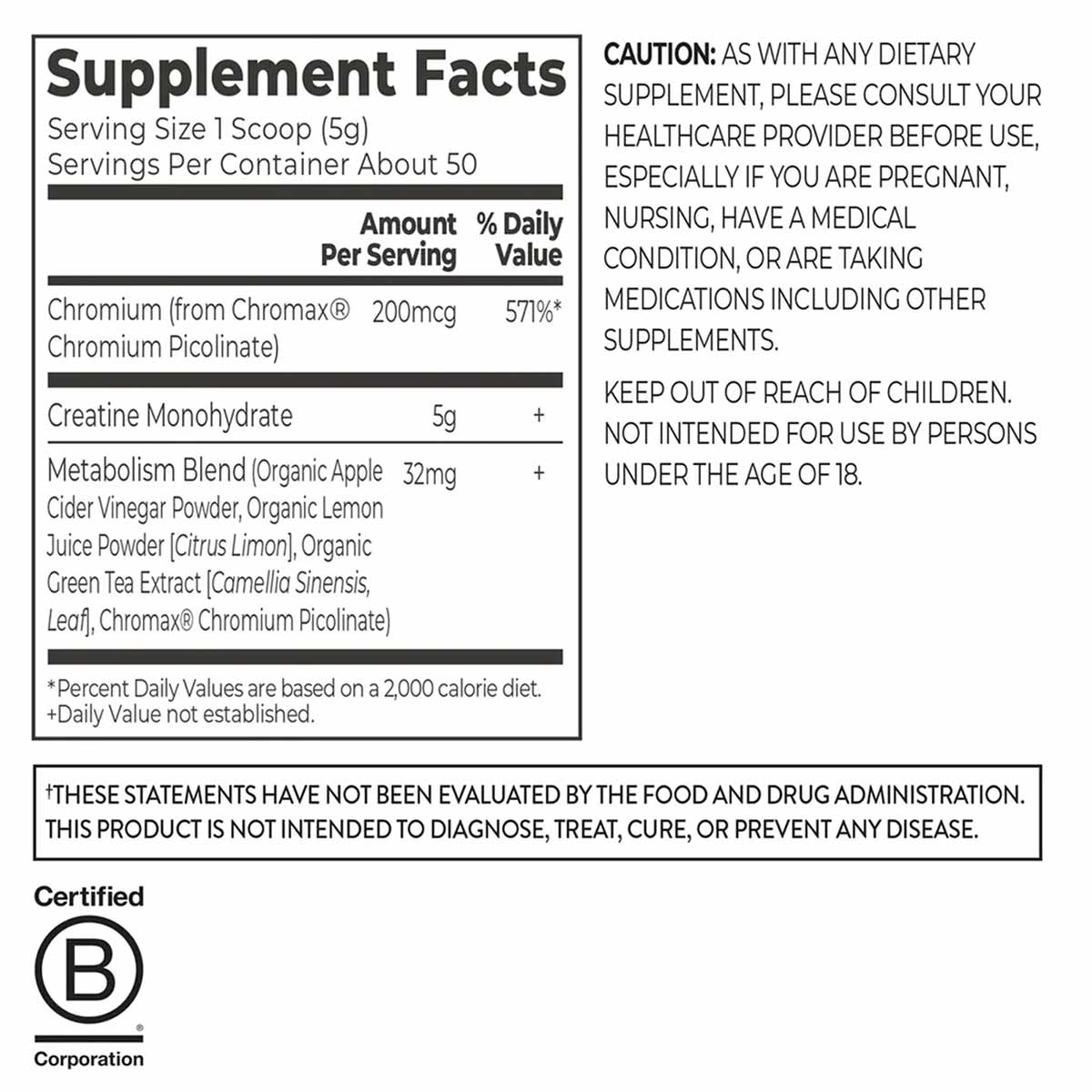 Supplement Facts label for Orgain Creatine Lean Muscle powder showing serving size, chromium content, creatine monohydrate, a
