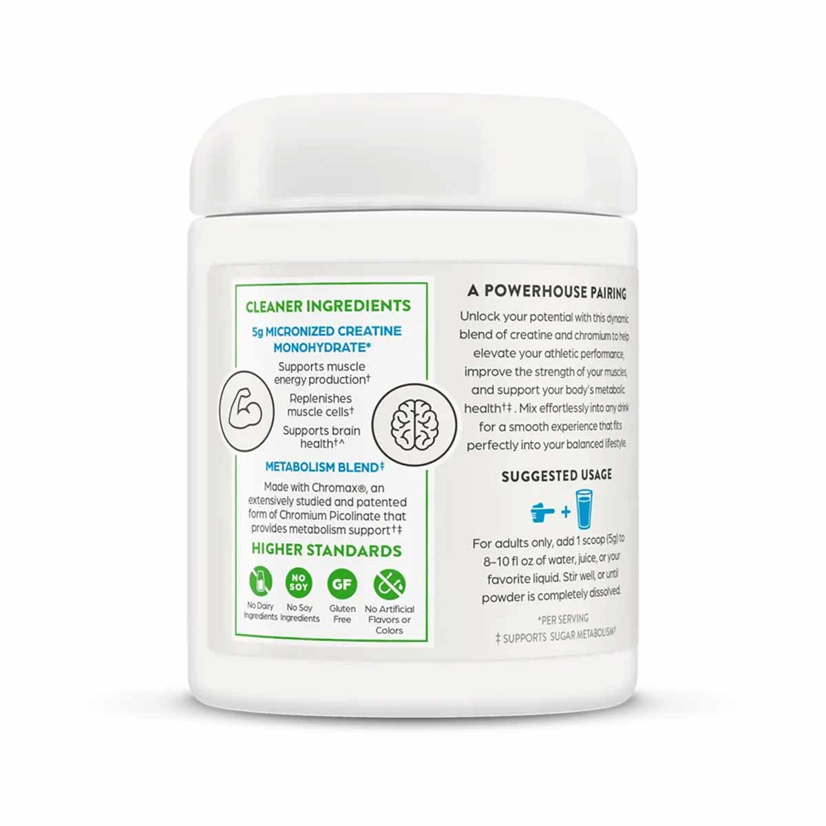 White supplement container with green and black label displaying creatine product information and ingredients.