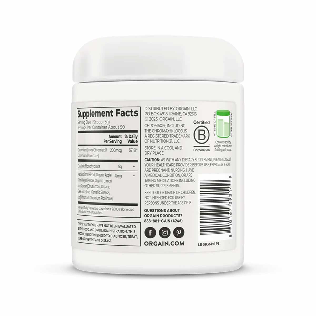 White plastic jar of Orgain Creatine Lean Muscle supplement with white lid and label showing supplement facts and ingredients