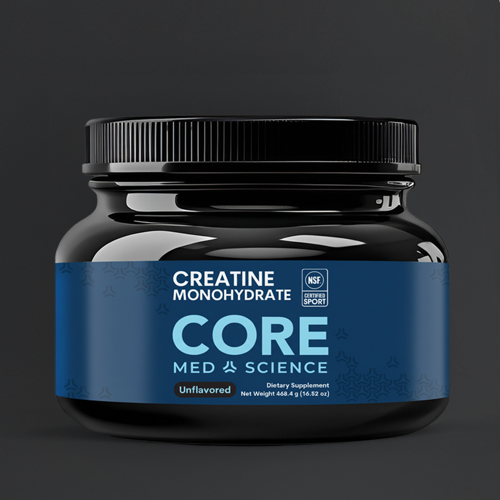 Black plastic jar with blue label showing "Creatine Monohydrate" and "Core Med Science" branding, unflavored dietary suppleme