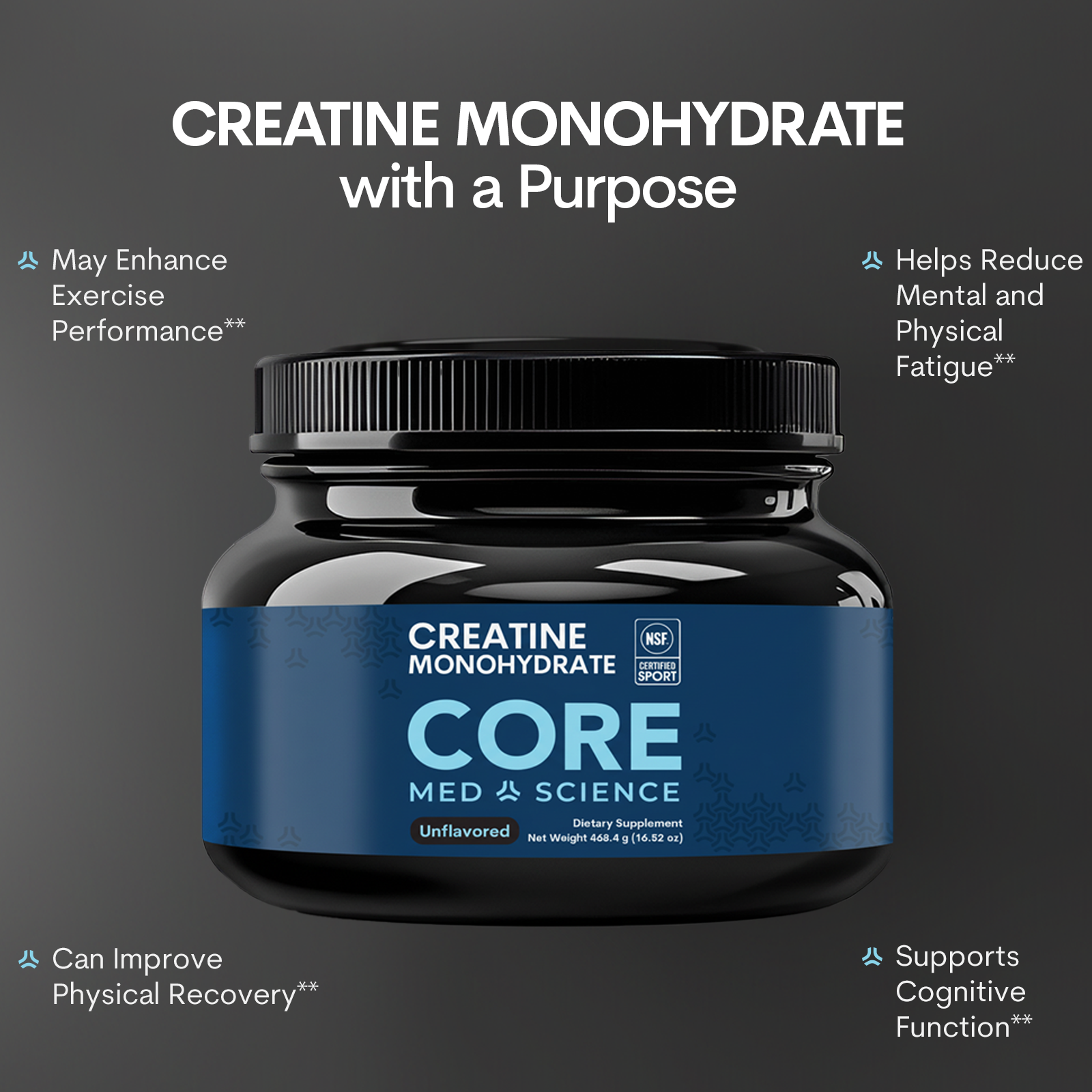 Black container with blue label displaying "Creatine Monohydrate Core Med Science" unflavored dietary supplement powder.