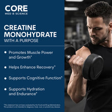Core Med Science Creatine Monohydrate product packaging with man lifting dumbbell in gym setting.