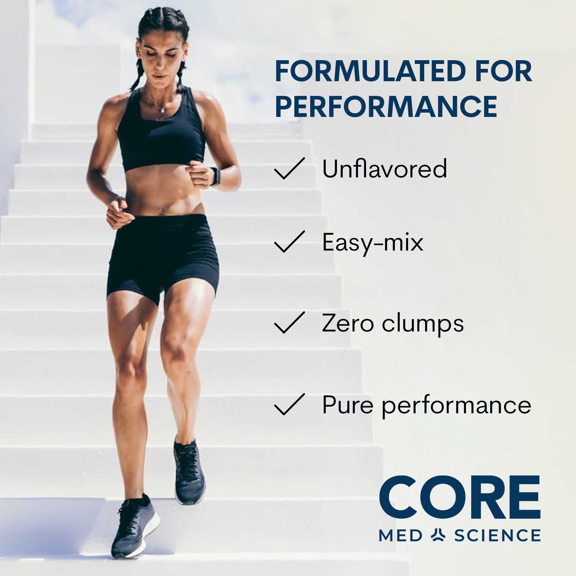 Woman in athletic wear jogging on stairs with Core Med Science branding and product benefits listed.