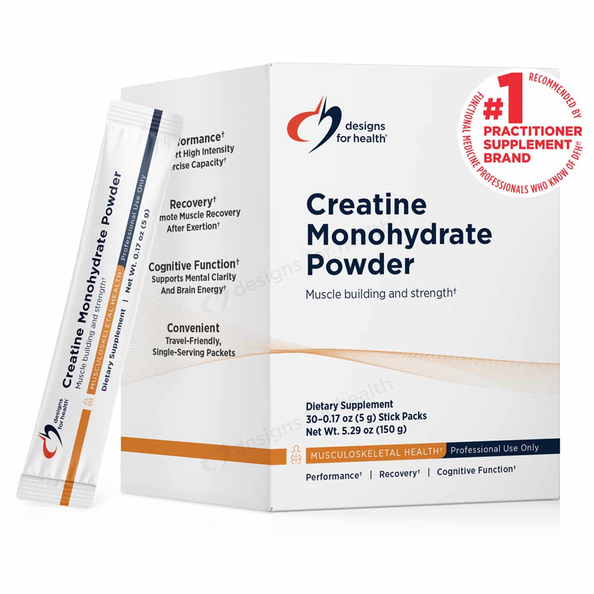 White box of Creatine Monohydrate Powder stick packs by Designs For Health with individual packets displayed to the left.