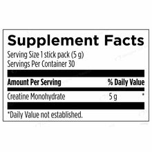 Supplement facts label showing creatine monohydrate 5g per stick pack serving, 30 servings per container.
