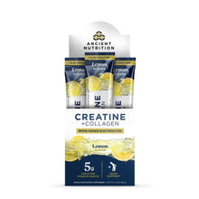 Three white and navy stick packs with lemon slices and "Creatine + Collagen with Added Electrolytes" labeling in lemon flavor