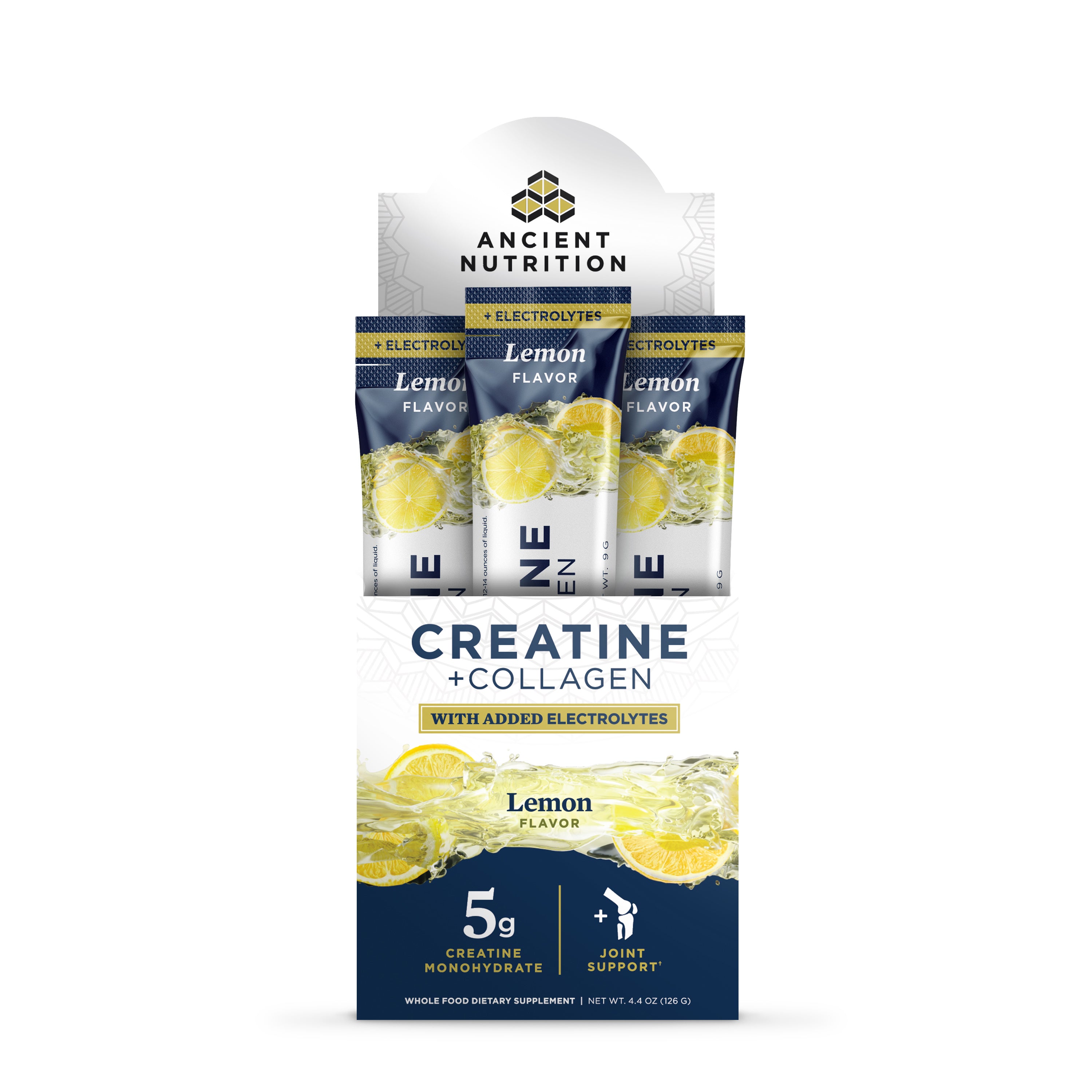Ancient Nutrition Creatine Plus Collagen Plus Electrolyte stick packs in lemon flavor with product packaging displayed.