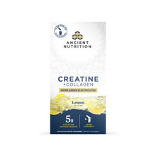Ancient Nutrition Creatine Plus Collagen stick pack box with lemon flavor, 5g creatine monohydrate, 4.4 oz.