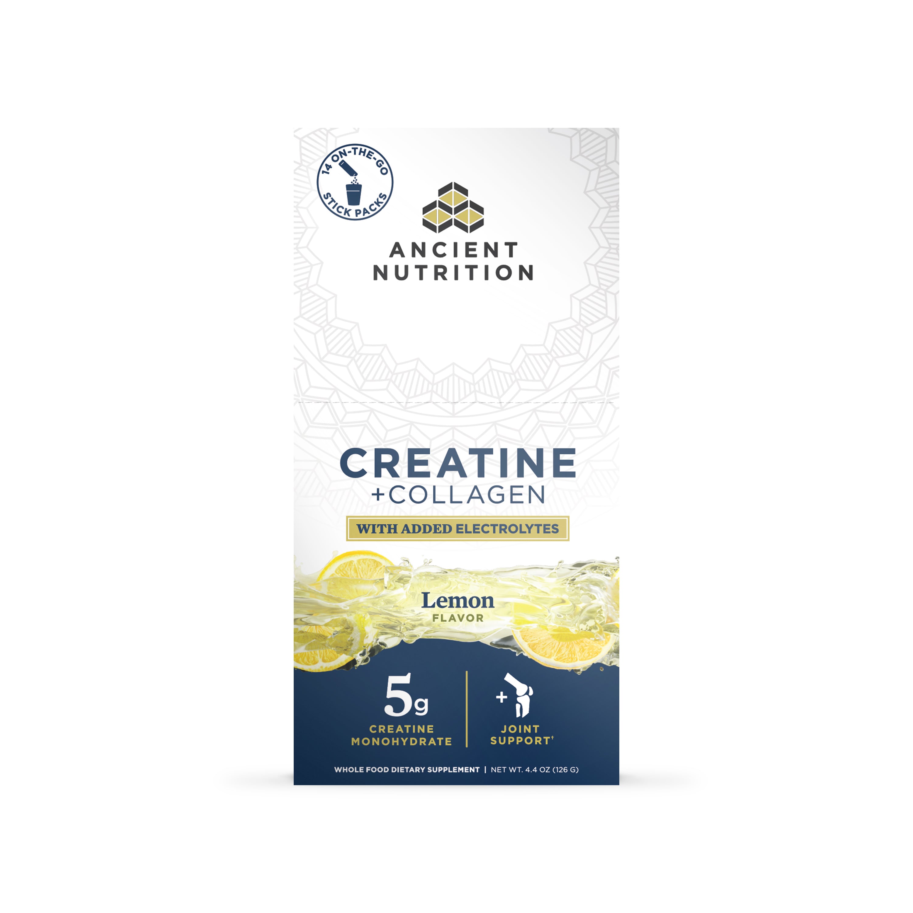 Ancient Nutrition Creatine Plus Collagen stick pack box with lemon flavor, 5g creatine monohydrate, 4.4 oz.
