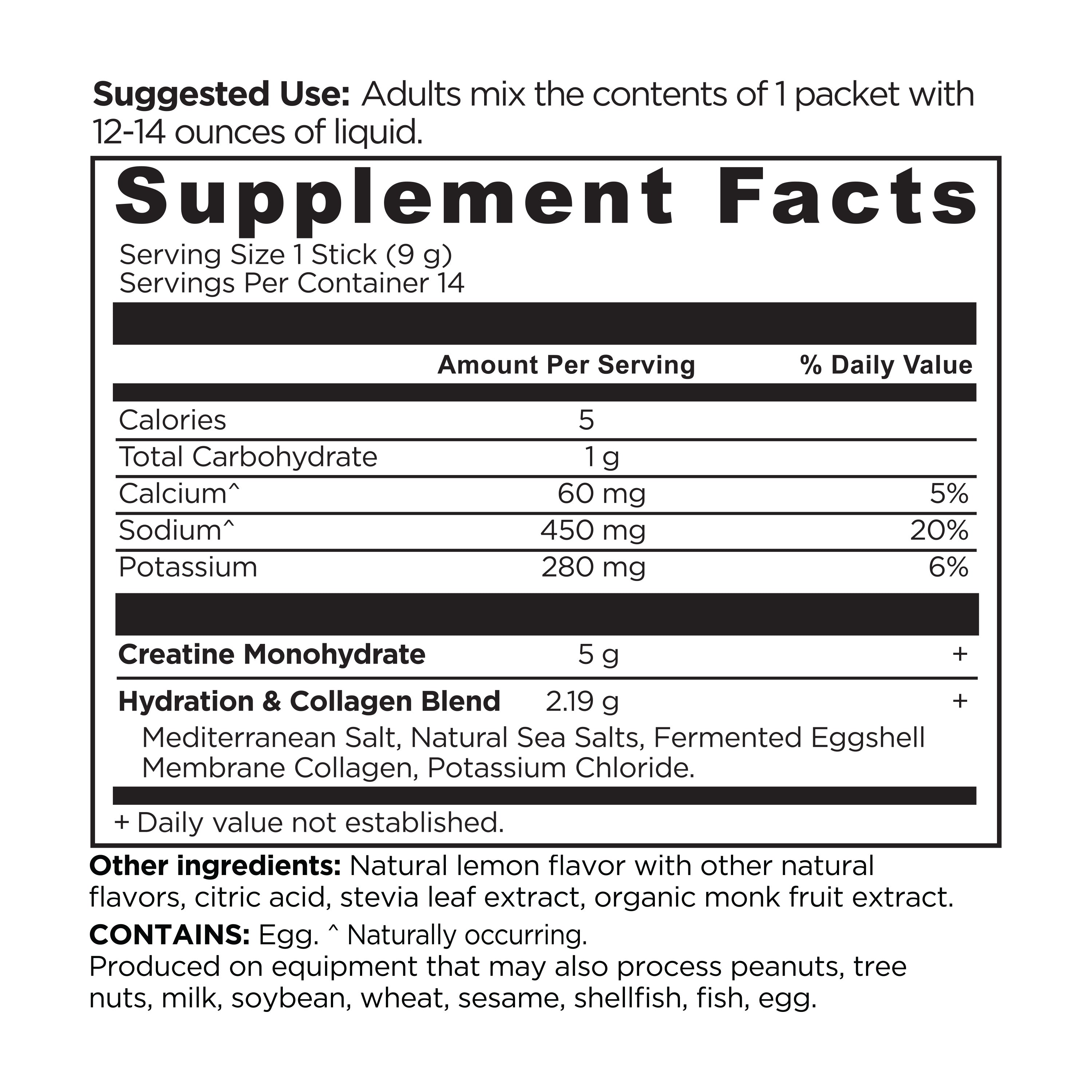 Supplement Facts label showing creatine monohydrate, electrolytes, and collagen blend with 14 servings per container and sugg