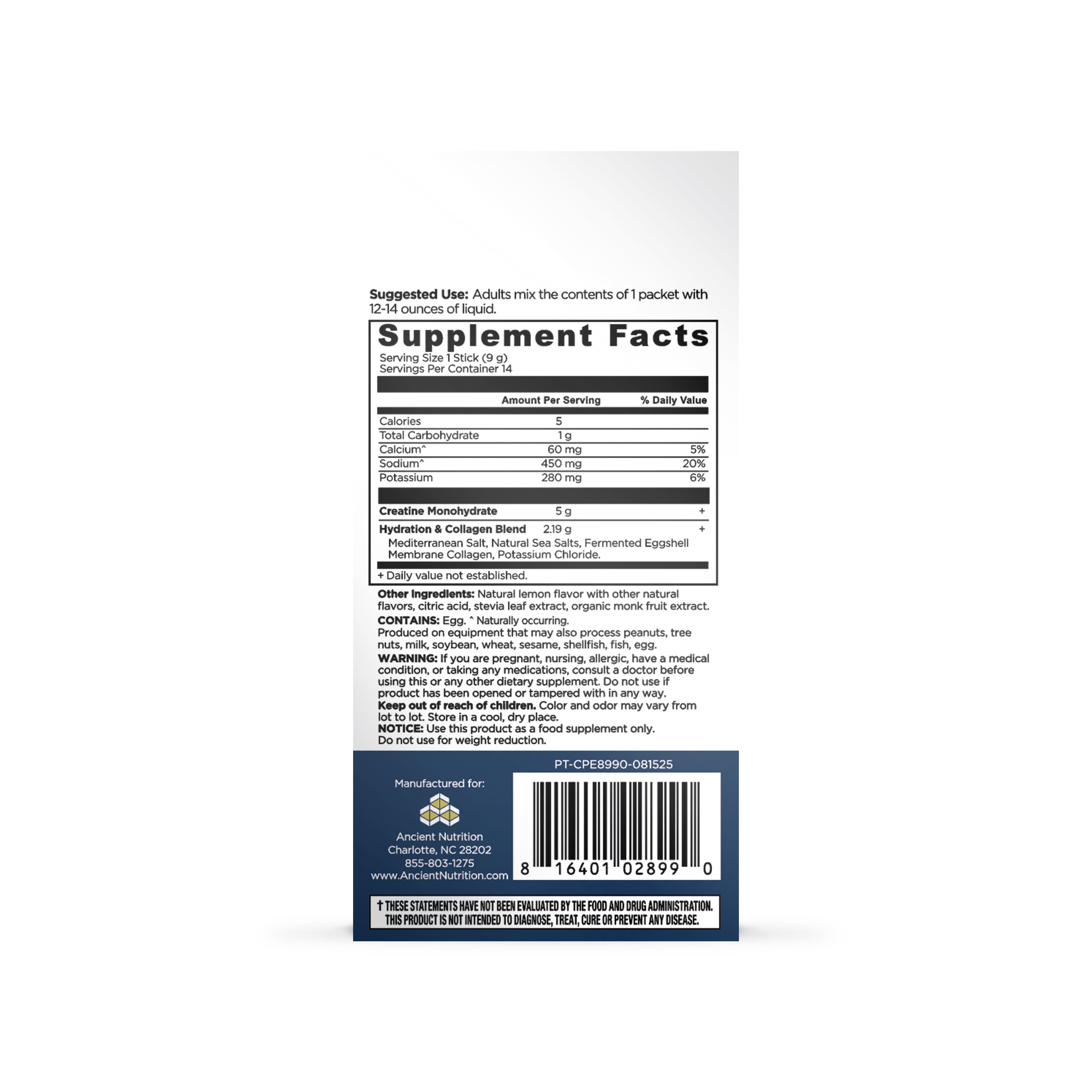 Back label of stick pack supplement showing supplement facts, ingredients, usage instructions, and barcode.