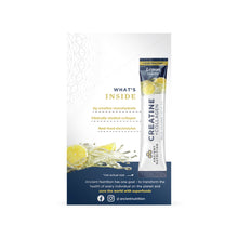 White stick pack of lemon-flavored Creatine Collagen powder with yellow lemon imagery and ingredient callouts on packaging.