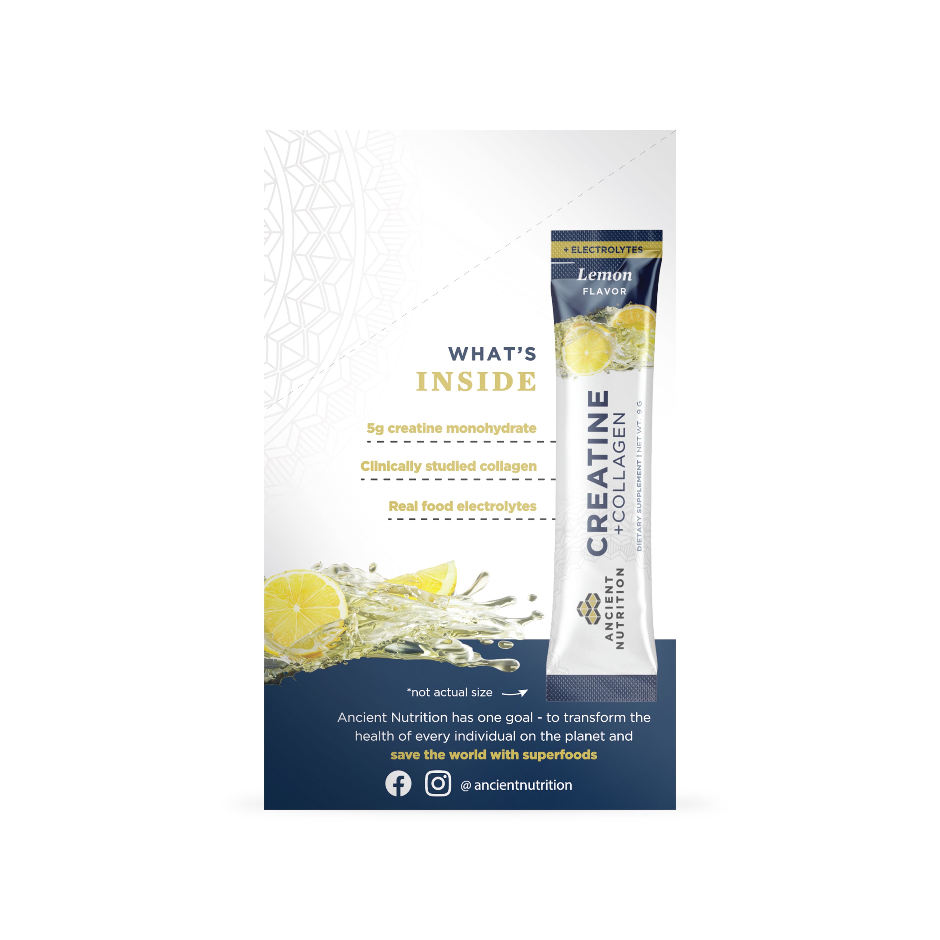 White stick pack of lemon-flavored Creatine Collagen powder with yellow lemon imagery and ingredient callouts on packaging.