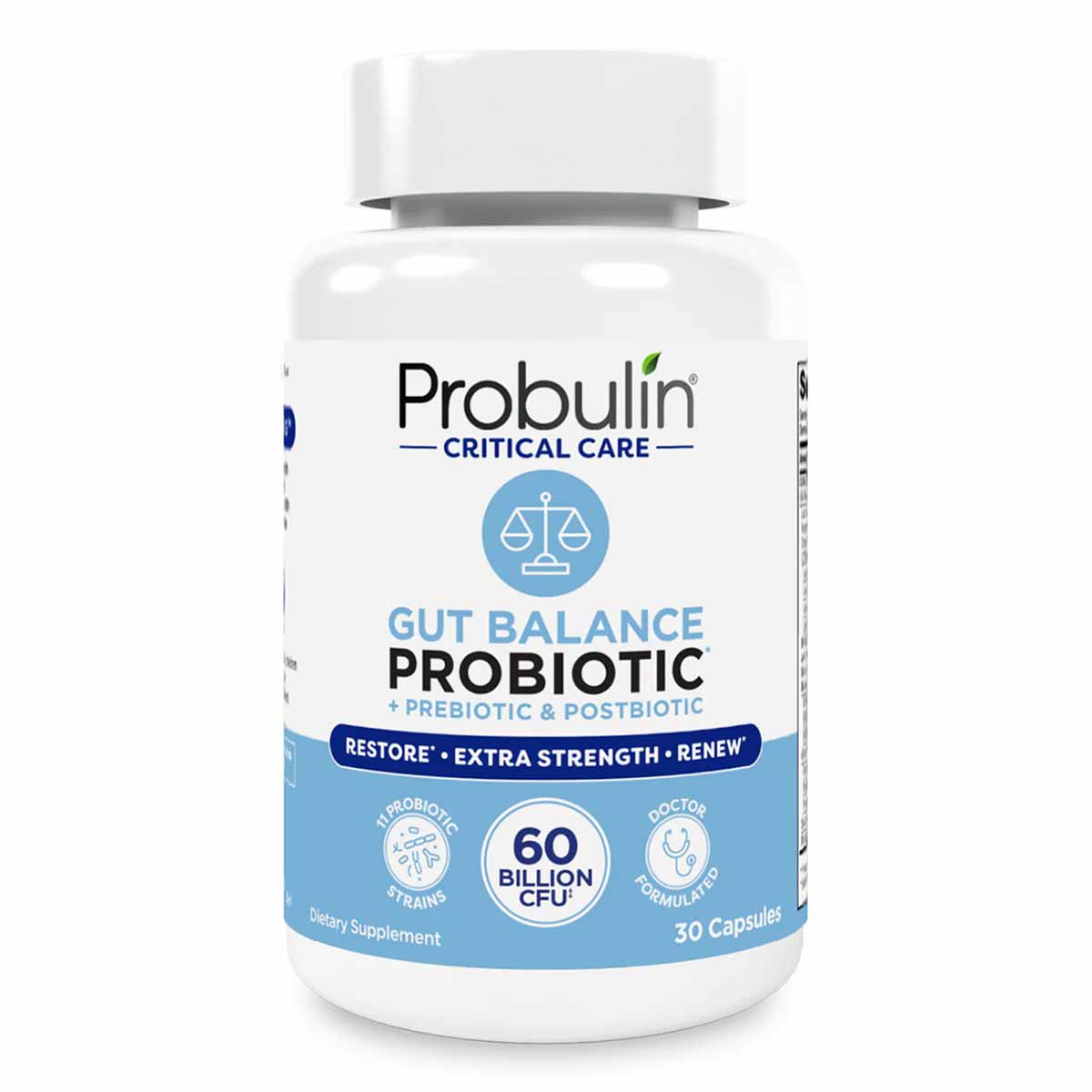 White bottle of Probulin Critical Care Gut Balance probiotic supplement with blue label, 30 capsules, 60 billion CFU.