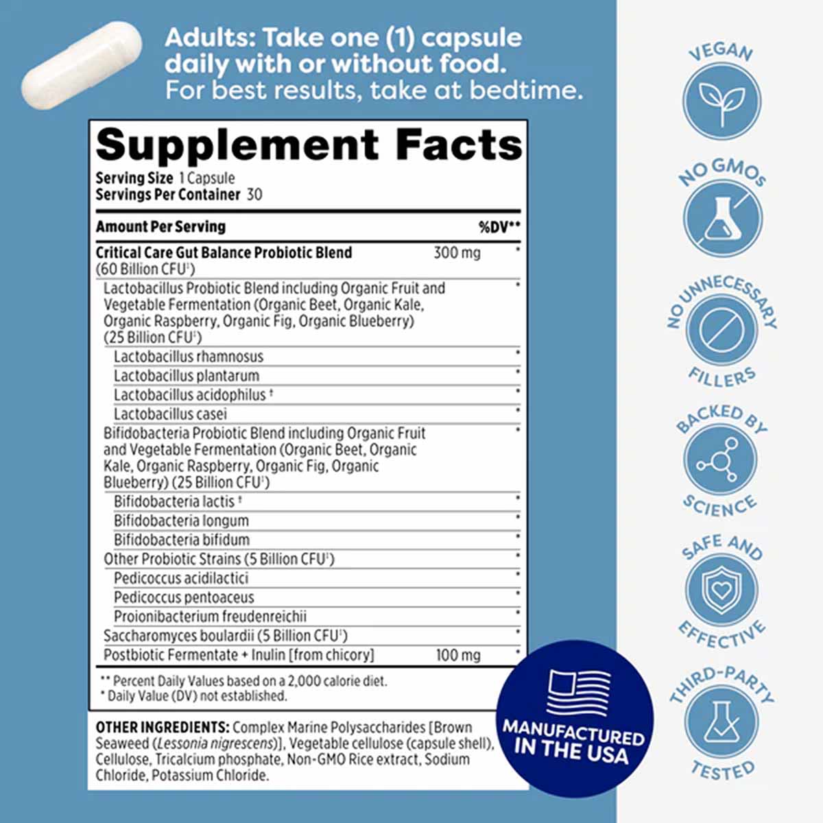 White capsule and supplement facts label for Critical Care Gut Balance probiotic with vegan, non-GMO, and USA-made certificat