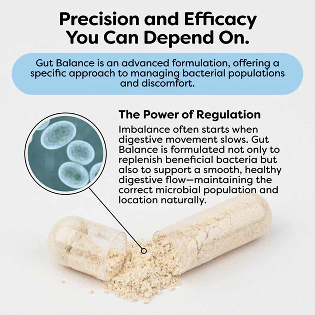 Probulin Critical Care Gut Balance capsule with powder spilling out and microscopic bacteria illustration.