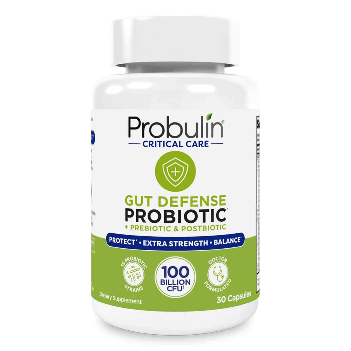 White bottle of Probulin Critical Care Gut Defense probiotic supplement with green label, containing 30 capsules.