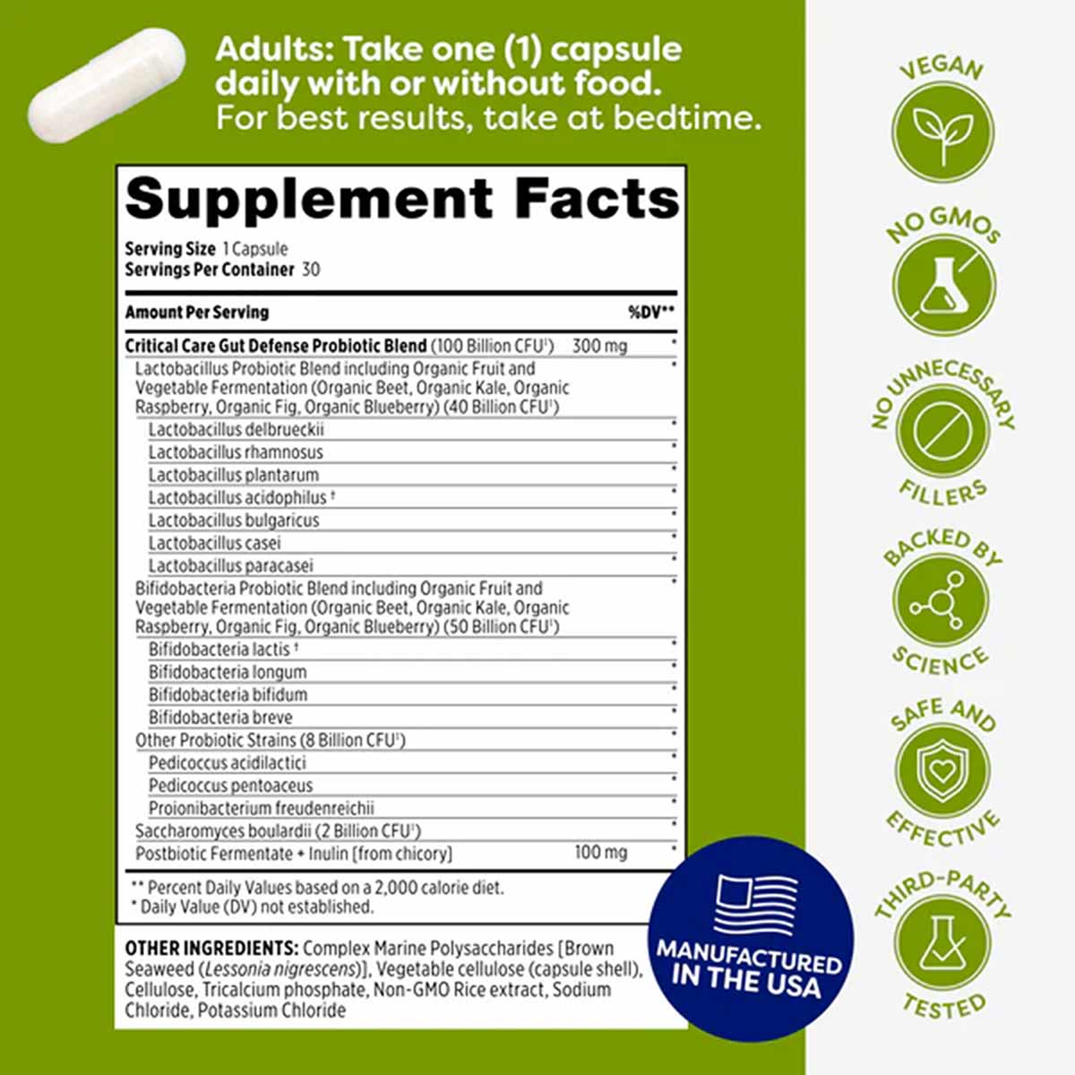 White probiotic capsule shown above supplement facts label listing Critical Care Gut Defense ingredients, with vegan, non-GMO