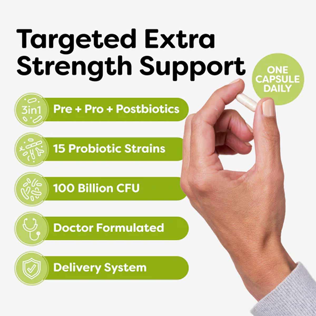 Hand holding a single capsule with green text labels describing probiotic supplement features including 15 strains and 100 bi