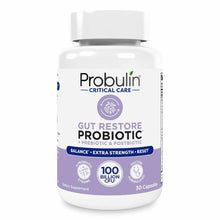 White bottle of Probulin Critical Care Gut Restore probiotic supplement with purple label, 30 capsules, 100 billion CFU.
