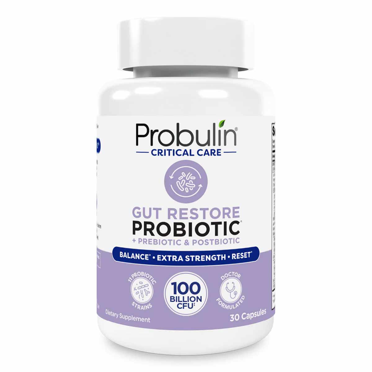 White bottle of Probulin Critical Care Gut Restore probiotic supplement with purple label, 30 capsules, 100 billion CFU.