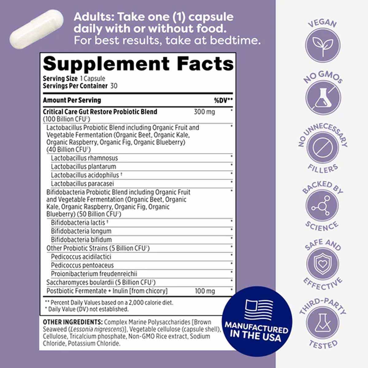 White capsule with Supplement Facts label listing probiotic strains, dosage instructions, and vegan, non-GMO, science-backed 