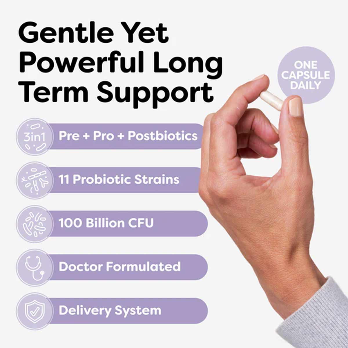 Hand holding a single purple capsule with product information text and purple circular icons listing features.