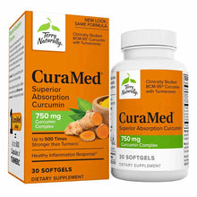 CuraMed 750 mg curcumin supplement by Terry Naturally in orange box and white bottle with 30 softgels.