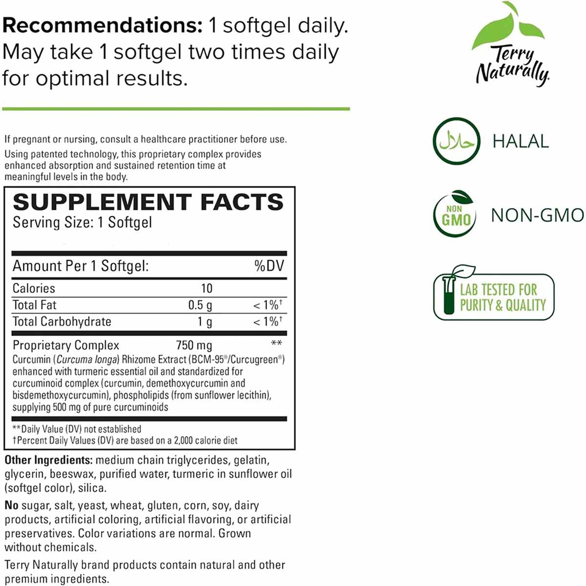 CuraMed 750 mg softgel supplement by Terry Naturally with supplement facts label and Halal, Non-GMO, lab tested certification