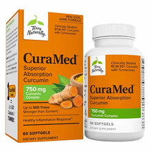CuraMed 750 mg curcumin supplement bottle and box by Terry Naturally with 60 softgels.