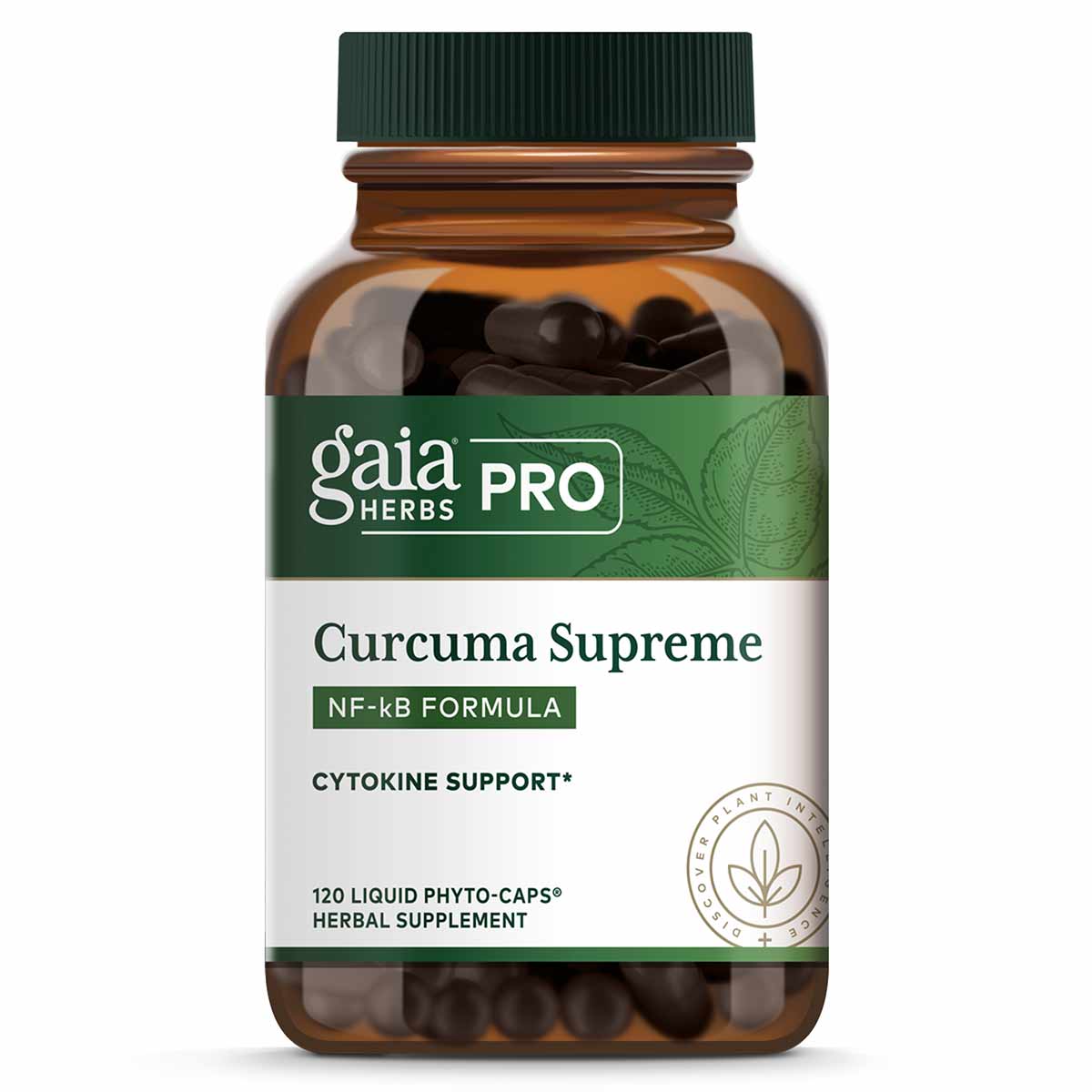 Brown glass bottle with green cap containing dark capsules labeled Gaia Herbs Pro Curcuma Supreme NF-kB Formula.
