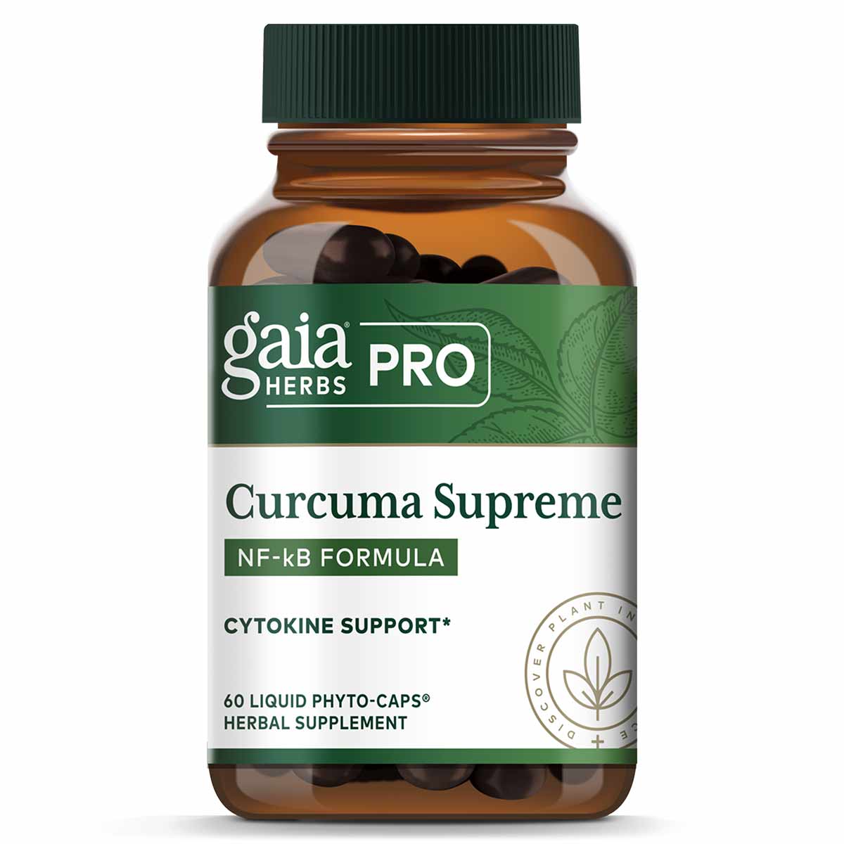 Gaia Herbs Pro Curcuma Supreme NF-kB Formula bottle containing 60 liquid phyto-caps herbal supplement with green label.