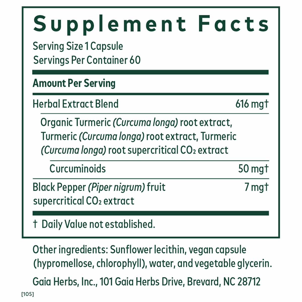Supplement Facts label for Gaia Herbs Pro Curcuma Supreme formula showing serving size, ingredients, and dosage information.